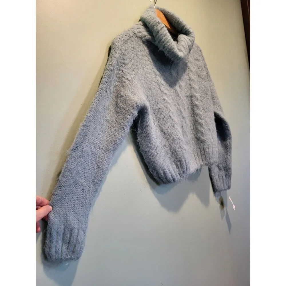 New Molly Bracken Ice Blue Cowl Neck Fluffy Cropped Sweater Sz M - Picture 3 of 7